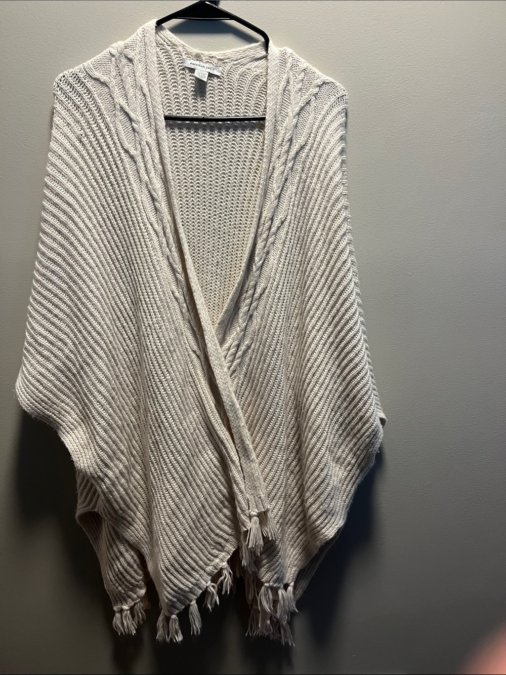 American Eagle - Light Cream Knit Fringe Wrap Sweater - Women